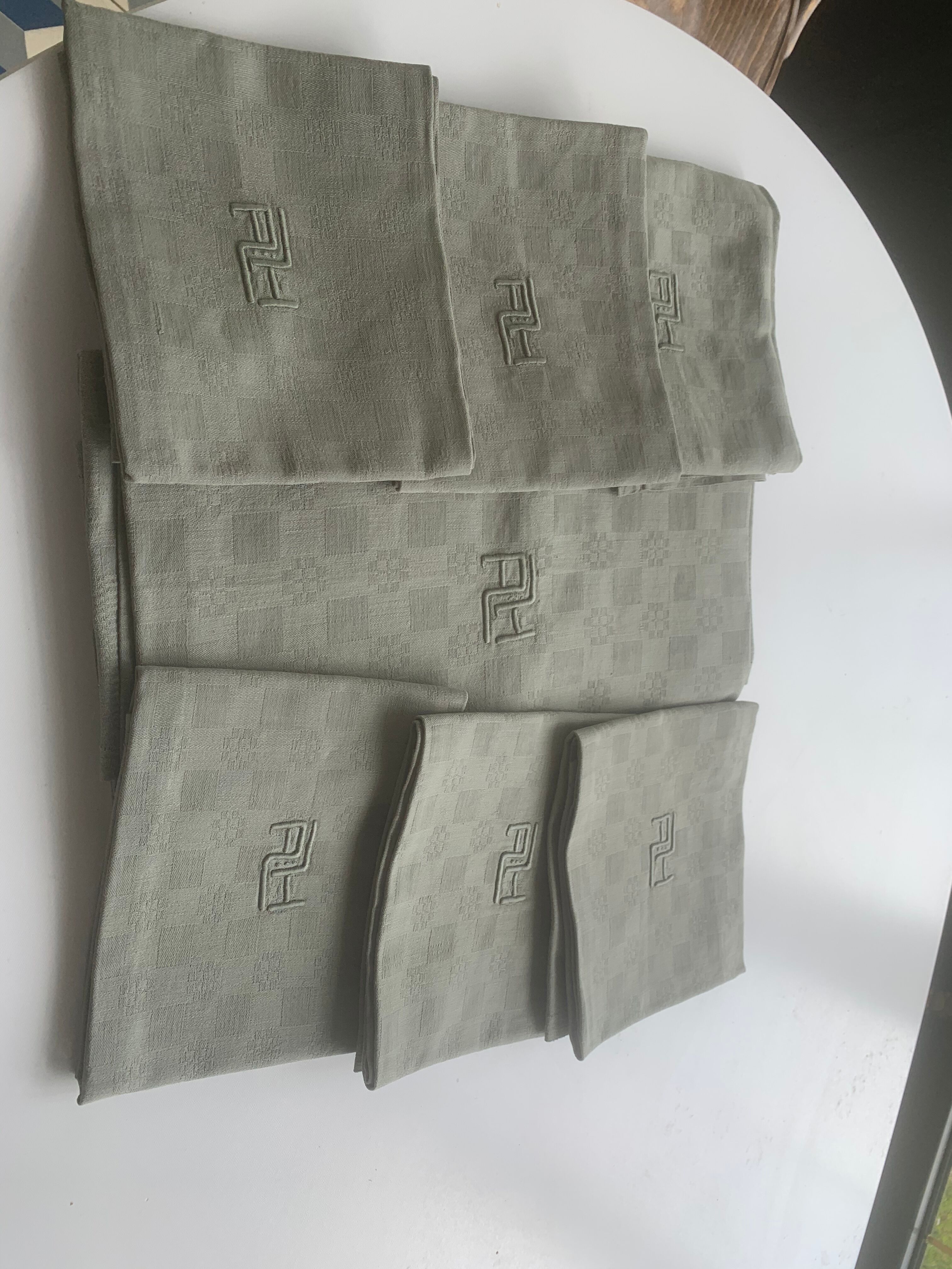 Tablecloth and 6 damask cotton napkins monogram khaki ah art deco
