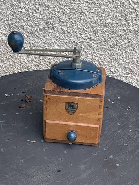 Peugeot Freres coffee grinder in wood and vintage blue metal