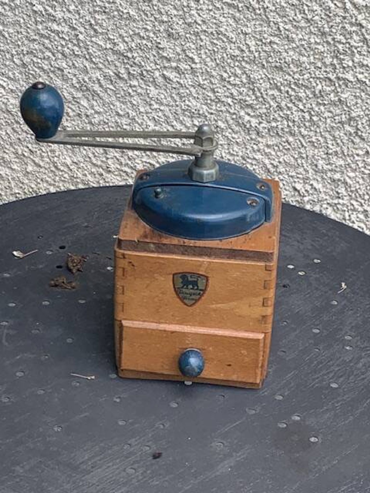 Peugeot Freres coffee grinder in wood and vintage blue metal