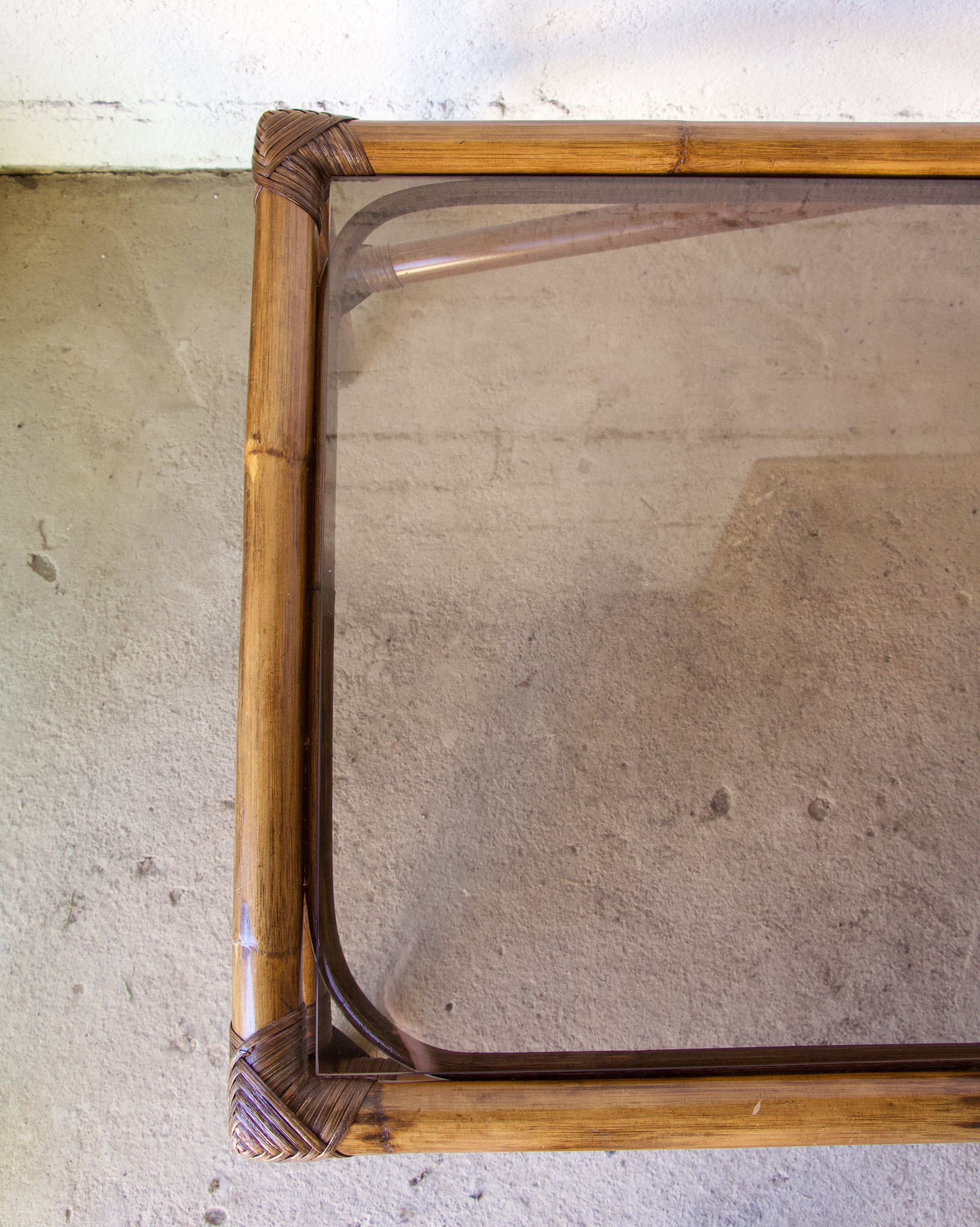 Rattan coffee table and vintage smoked glass top