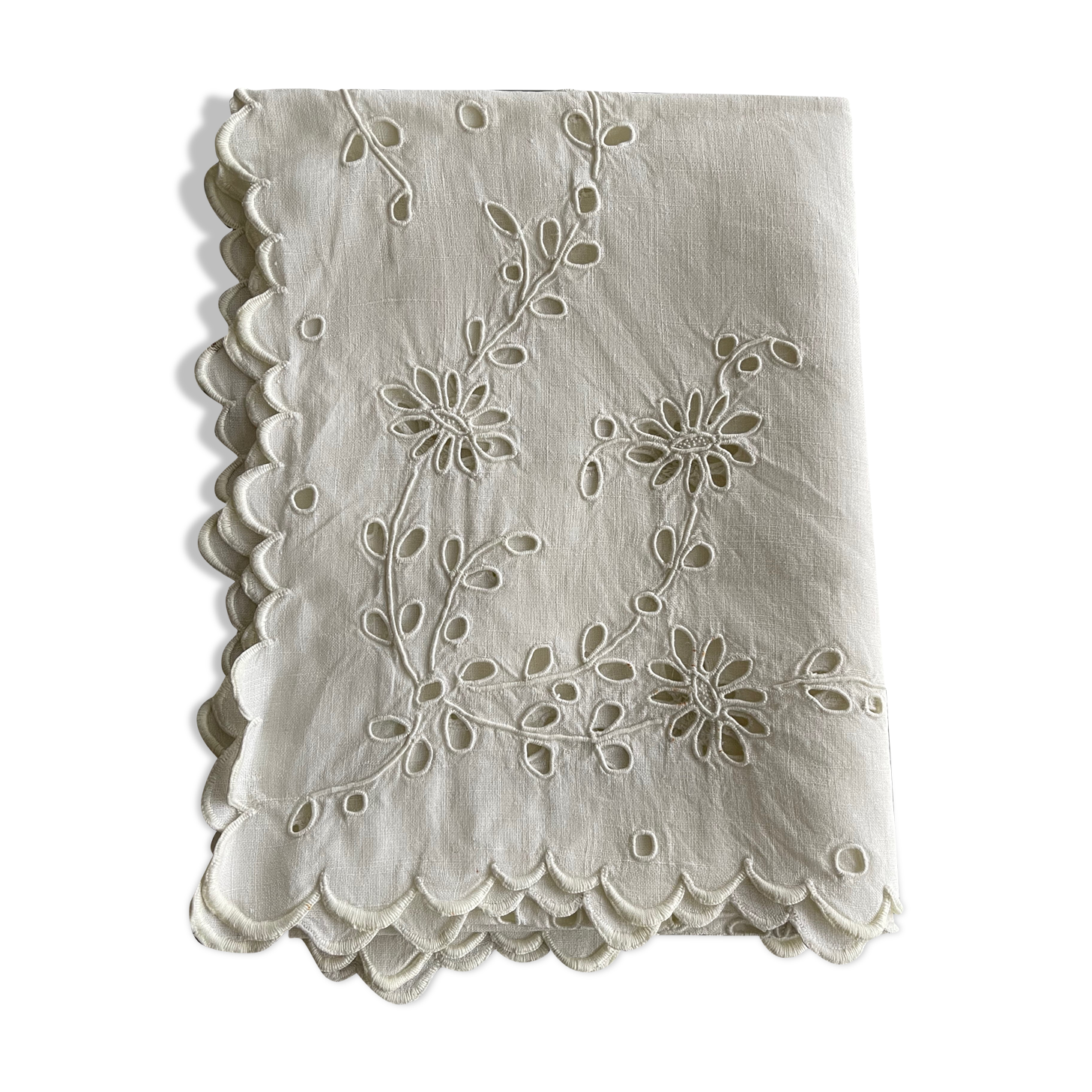 Old linen embroidered Richelieu top chest of drawers fireplace