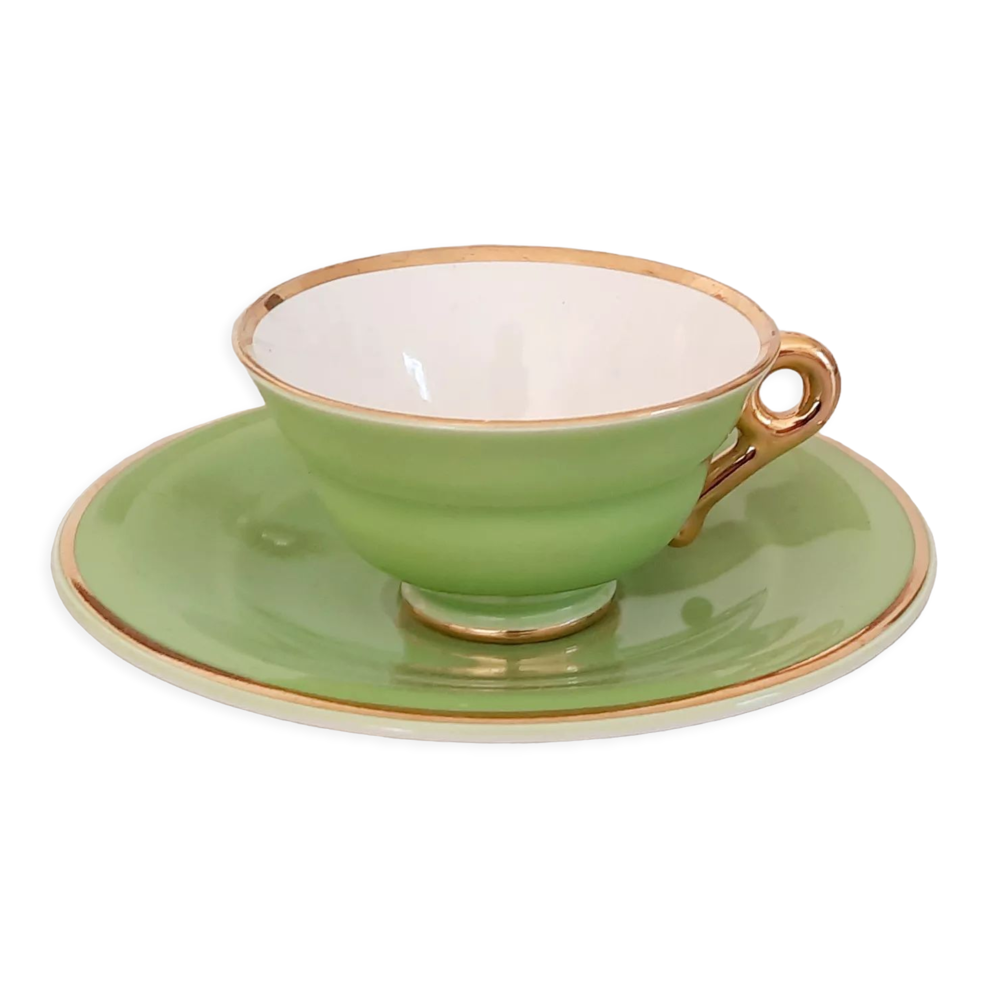 Coffee cup and under cup in green Salins earthenware and vintage gold net