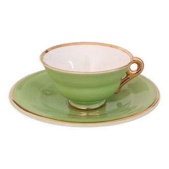 Coffee cup and under cup in green Salins earthenware and vintage gold net