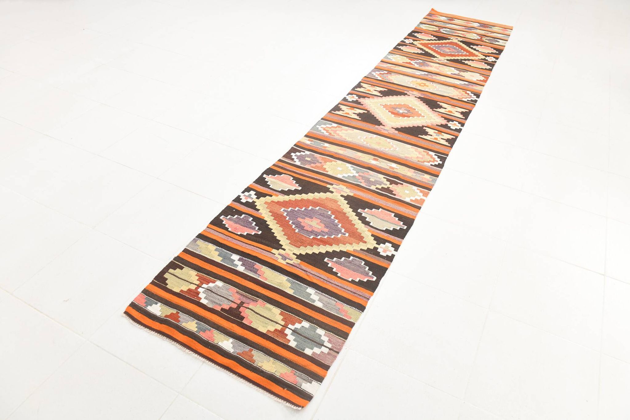 Pink & Brown Turkish Vintage Kilim Runner Rug, 77x387Cm