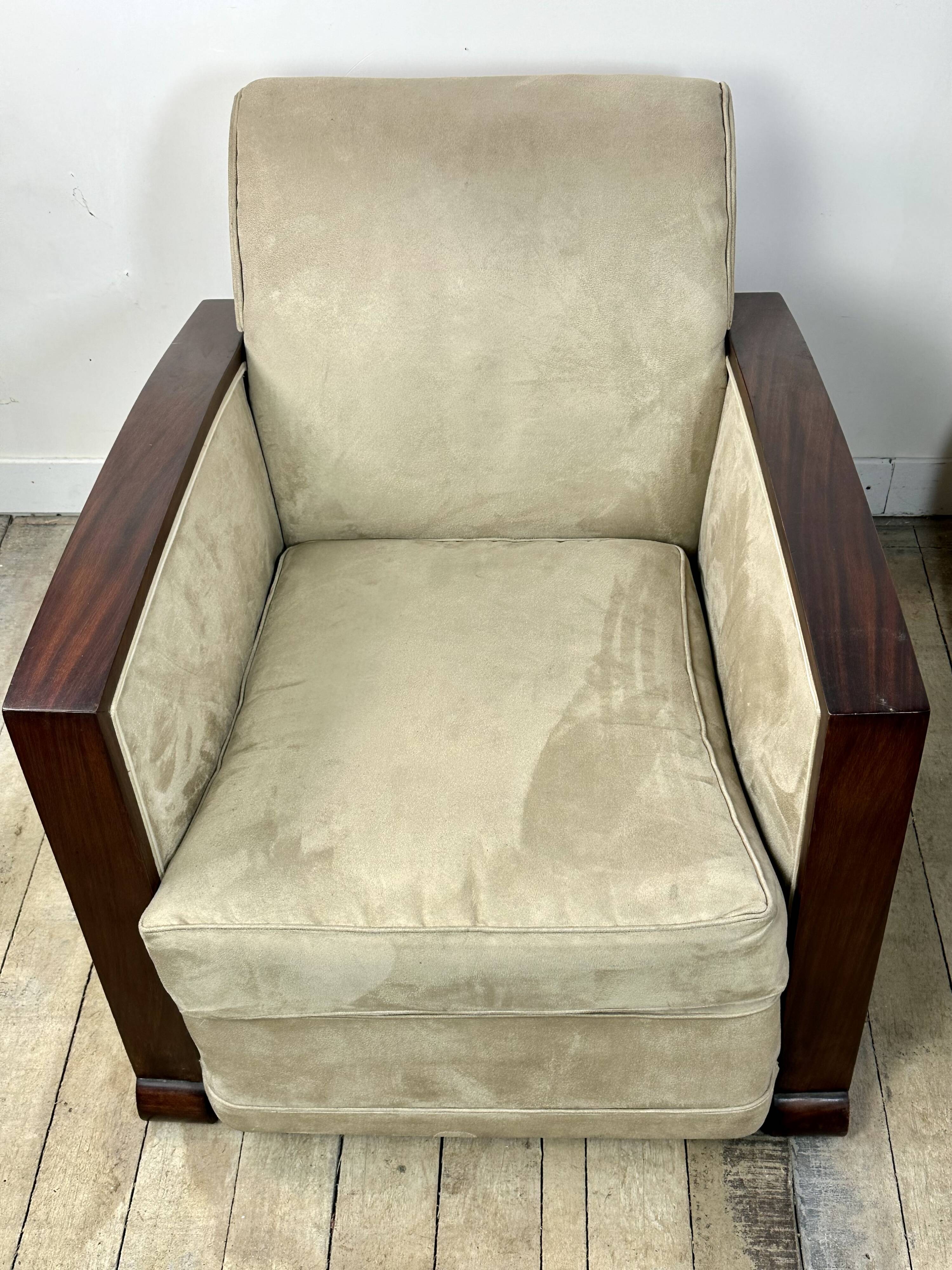 Pair of Art Deco armchairs in rosewood and suede.