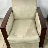 Pair of Art Deco armchairs in rosewood and suede.
