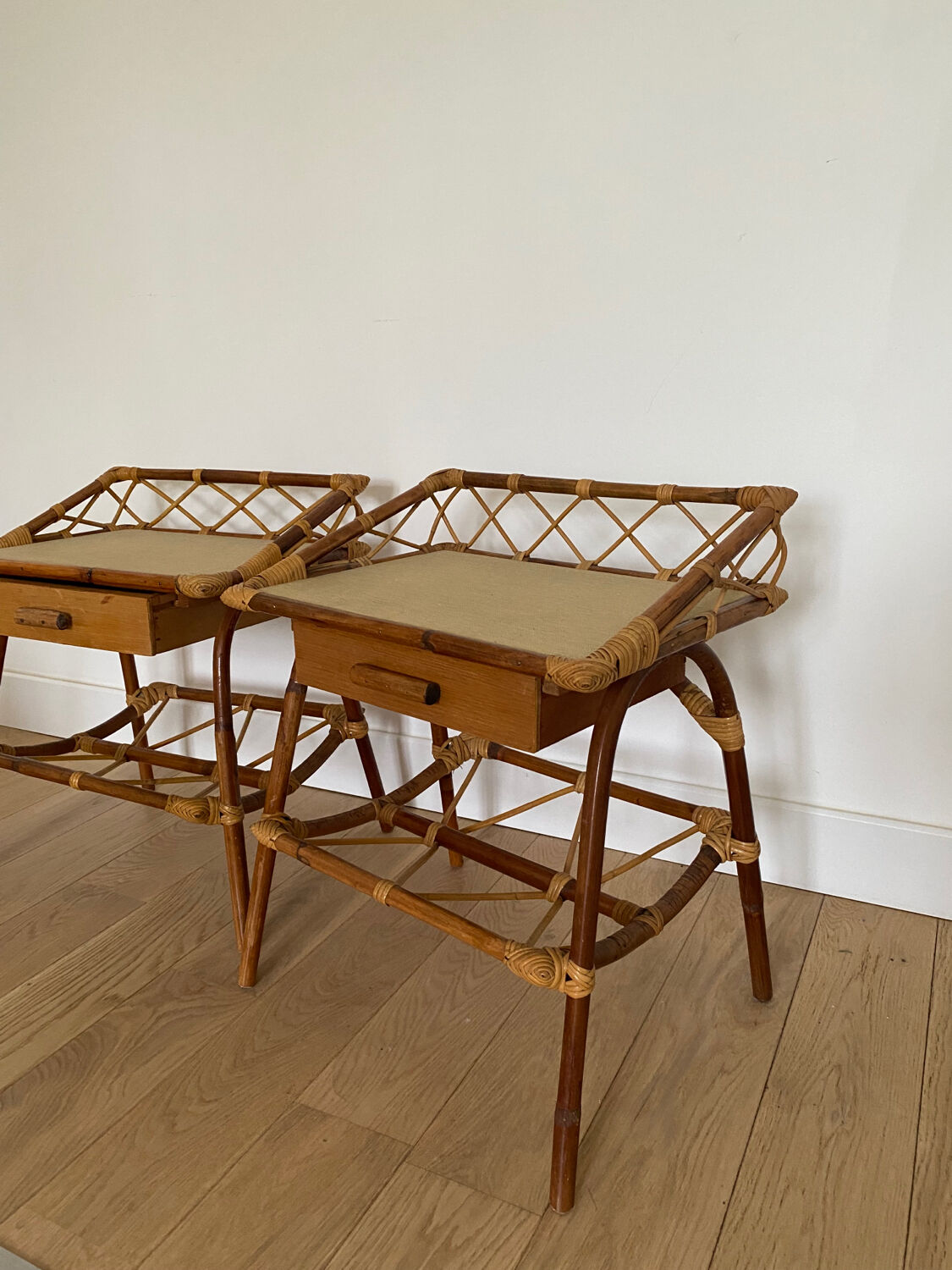 Pair of rattan bedside tables