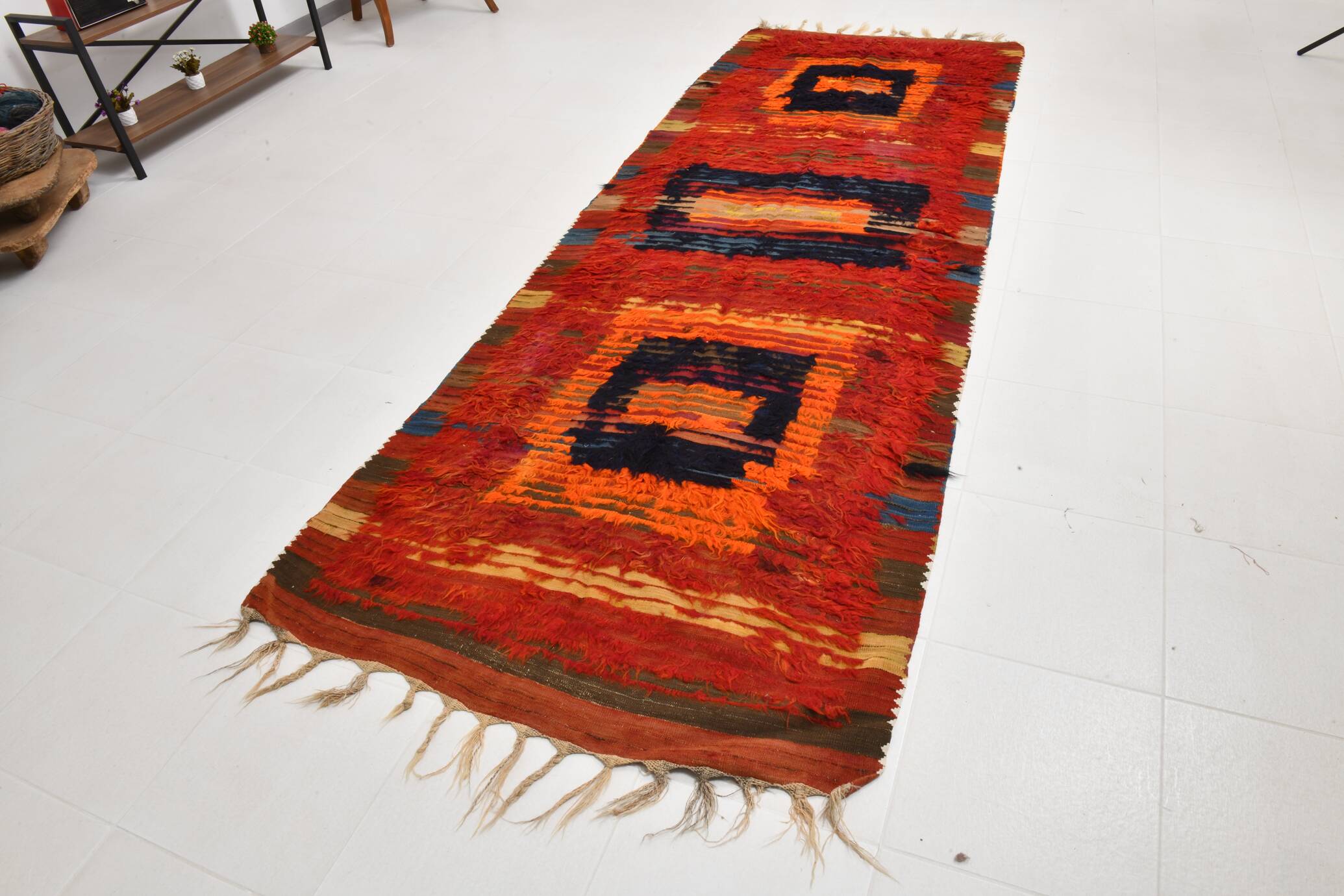 4x11 Red & Orange Handmade %100 Wool Moroccan Runner Rug, 128x346Cm