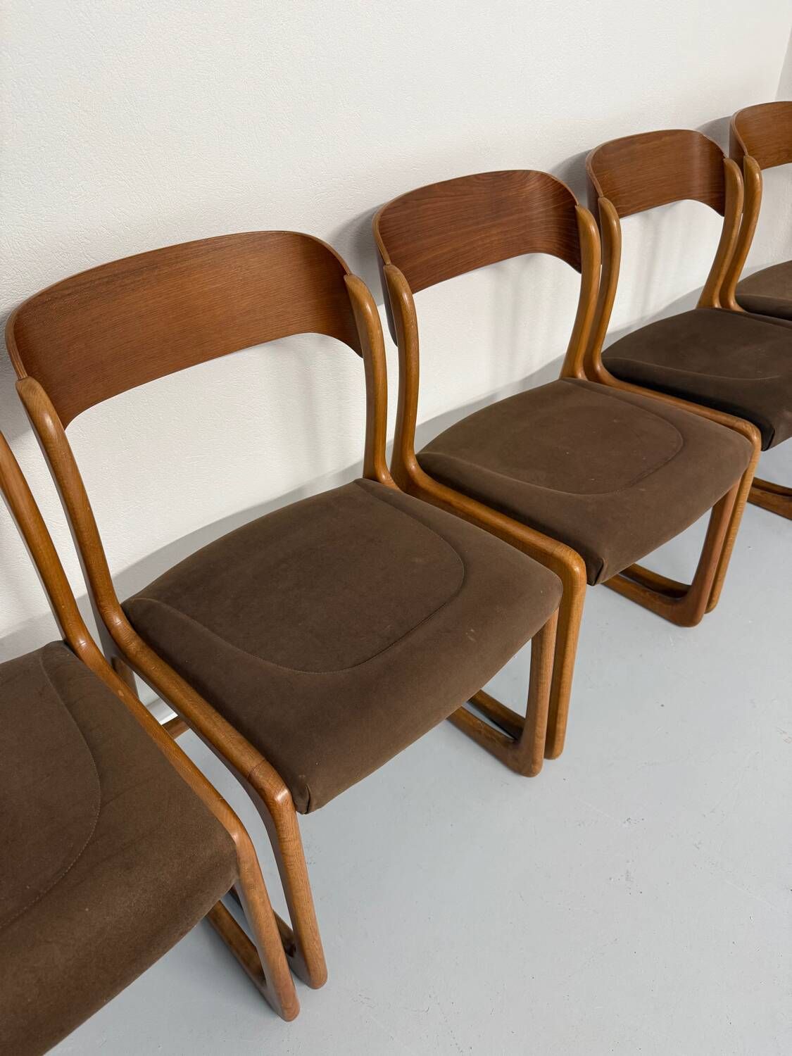 Set of 6 Baumann sleigh chairs in wood and brown fabric, original 1960s