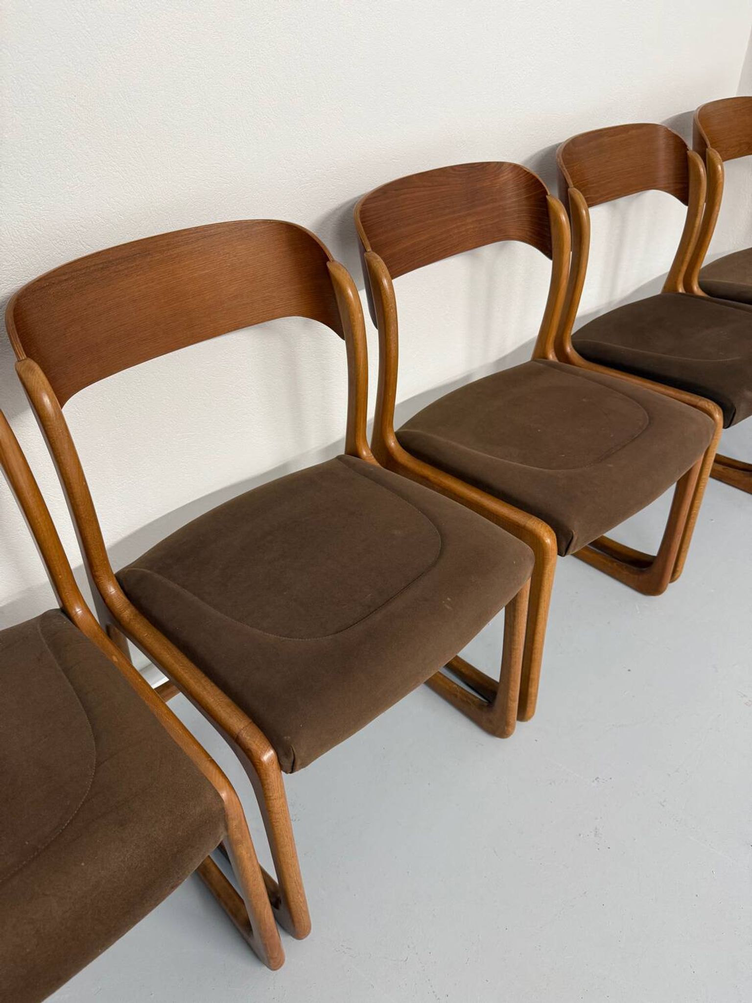 Set of 6 Baumann sleigh chairs in wood and brown fabric, original 1960s