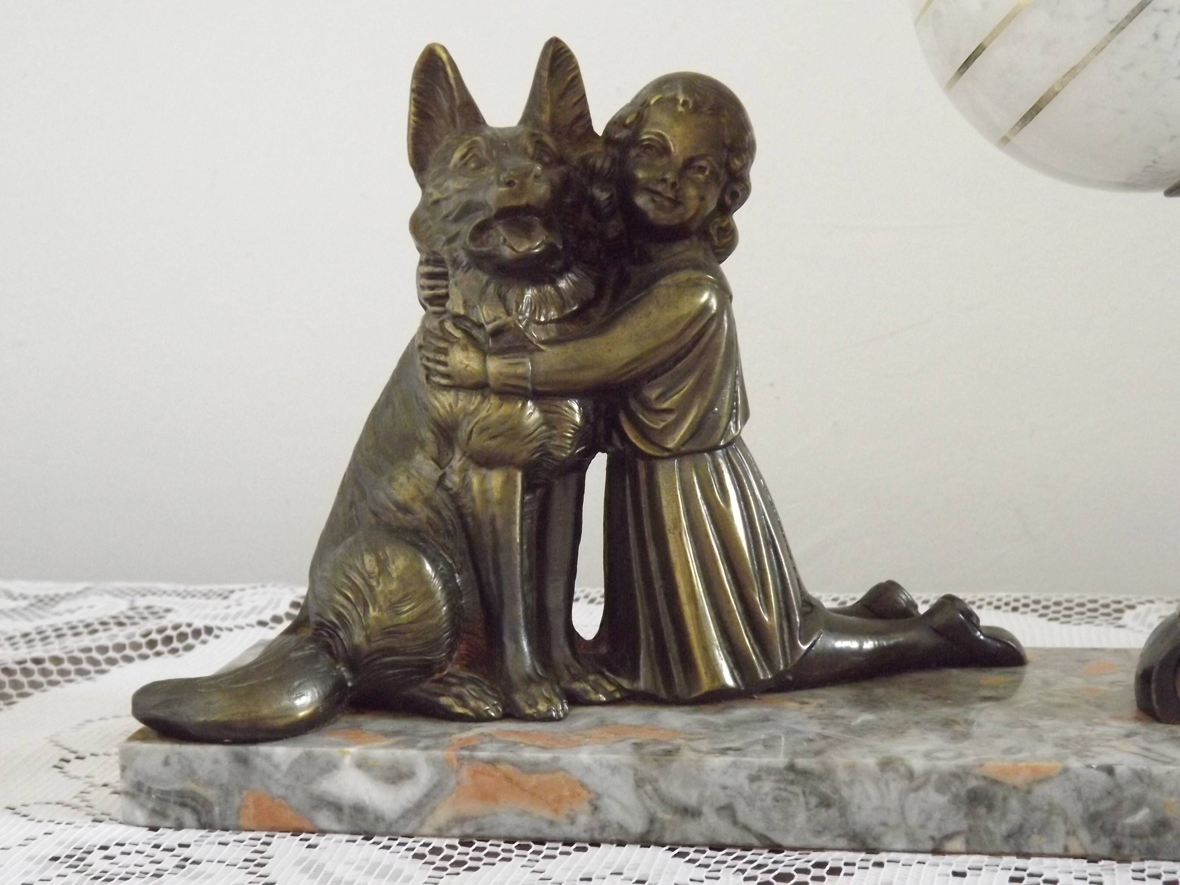 French Art Deco Table Lamp – Kneeling Girl with Dog & Clichy Glass Shade