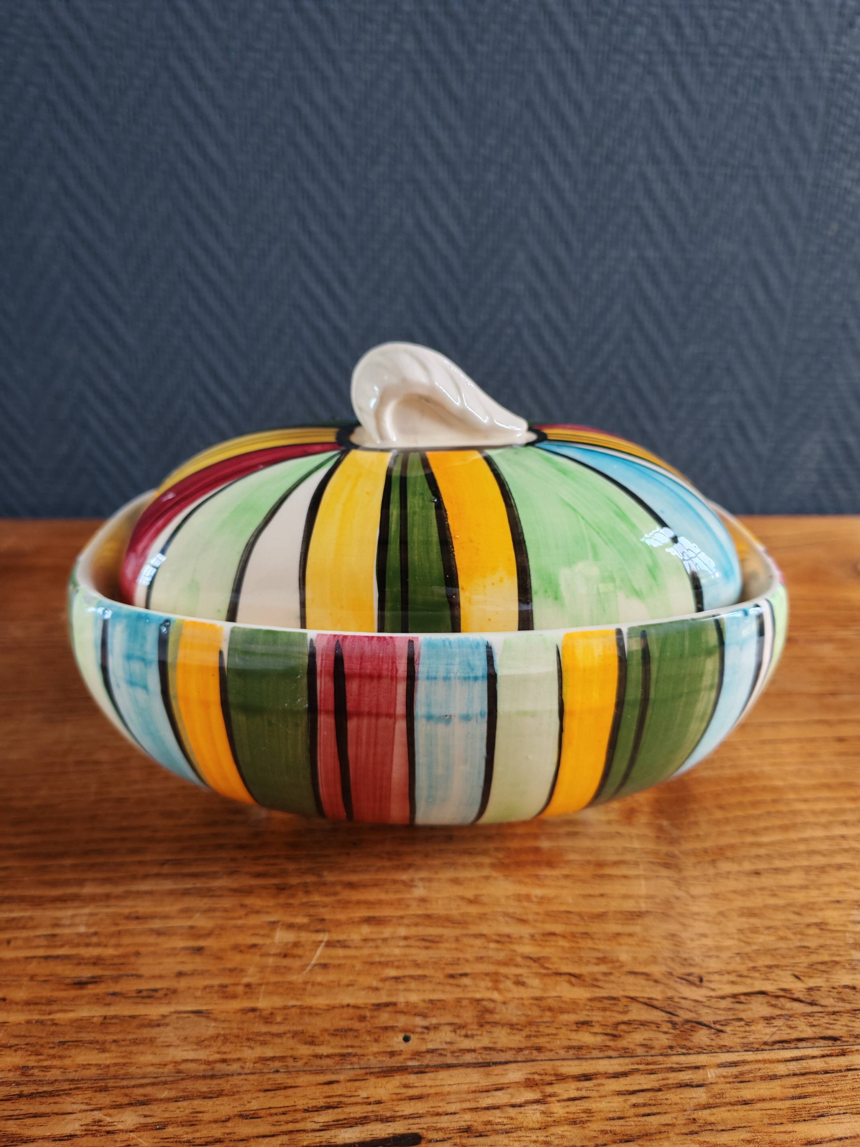 Vintage Ceramic Bonbonnière with Colourful Stripes - Jewellery Box