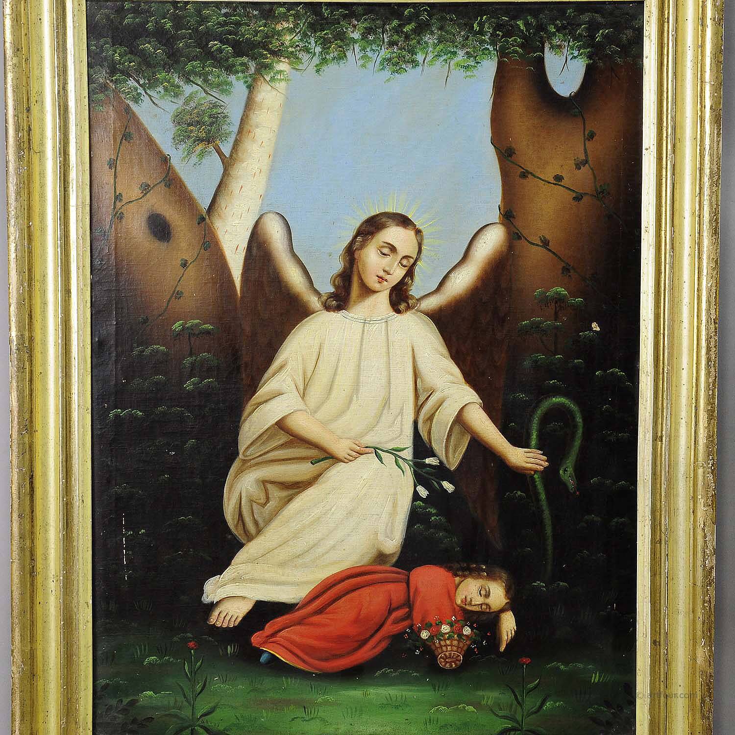 Oil painting on canvas, angel with sleeping child.