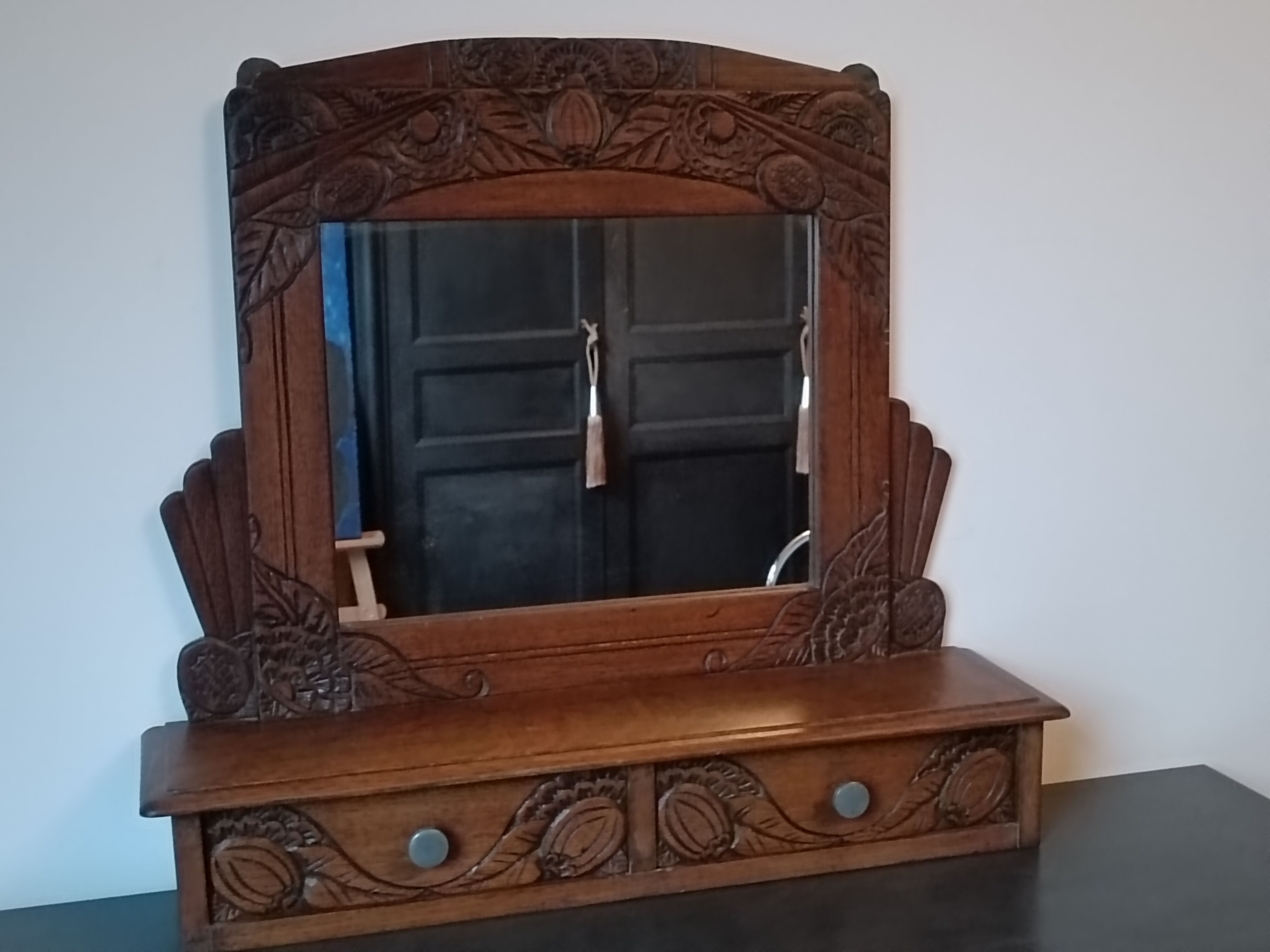 Mirror with 2 drawers solid oak. 50s