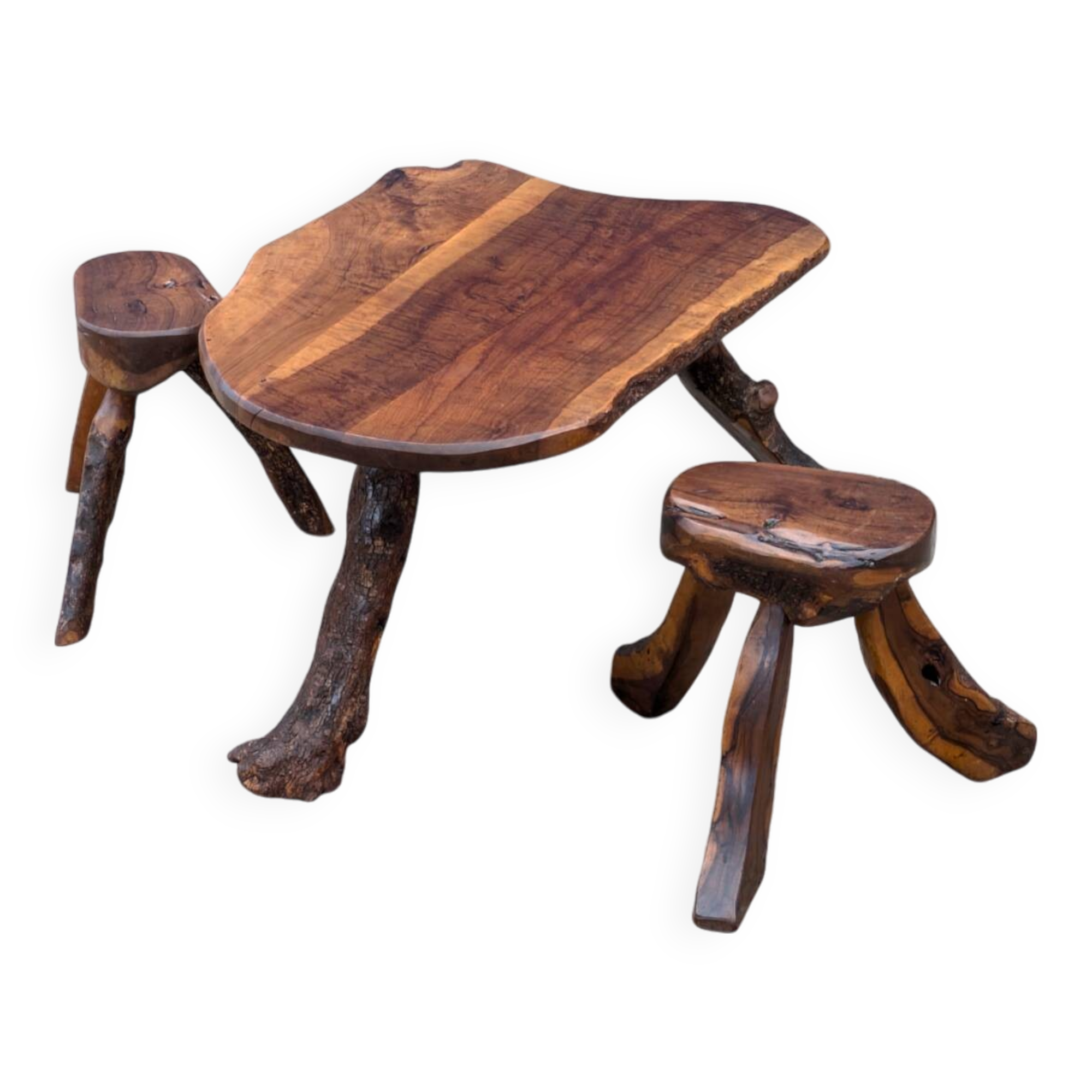 Table basse et deux tabourets brutaliste vintage 1950