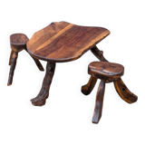 Vintage 1950s Brutalist Coffee Table and Two Stools