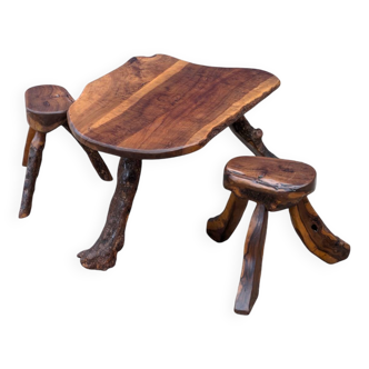 Table basse et deux tabourets brutaliste vintage 1950