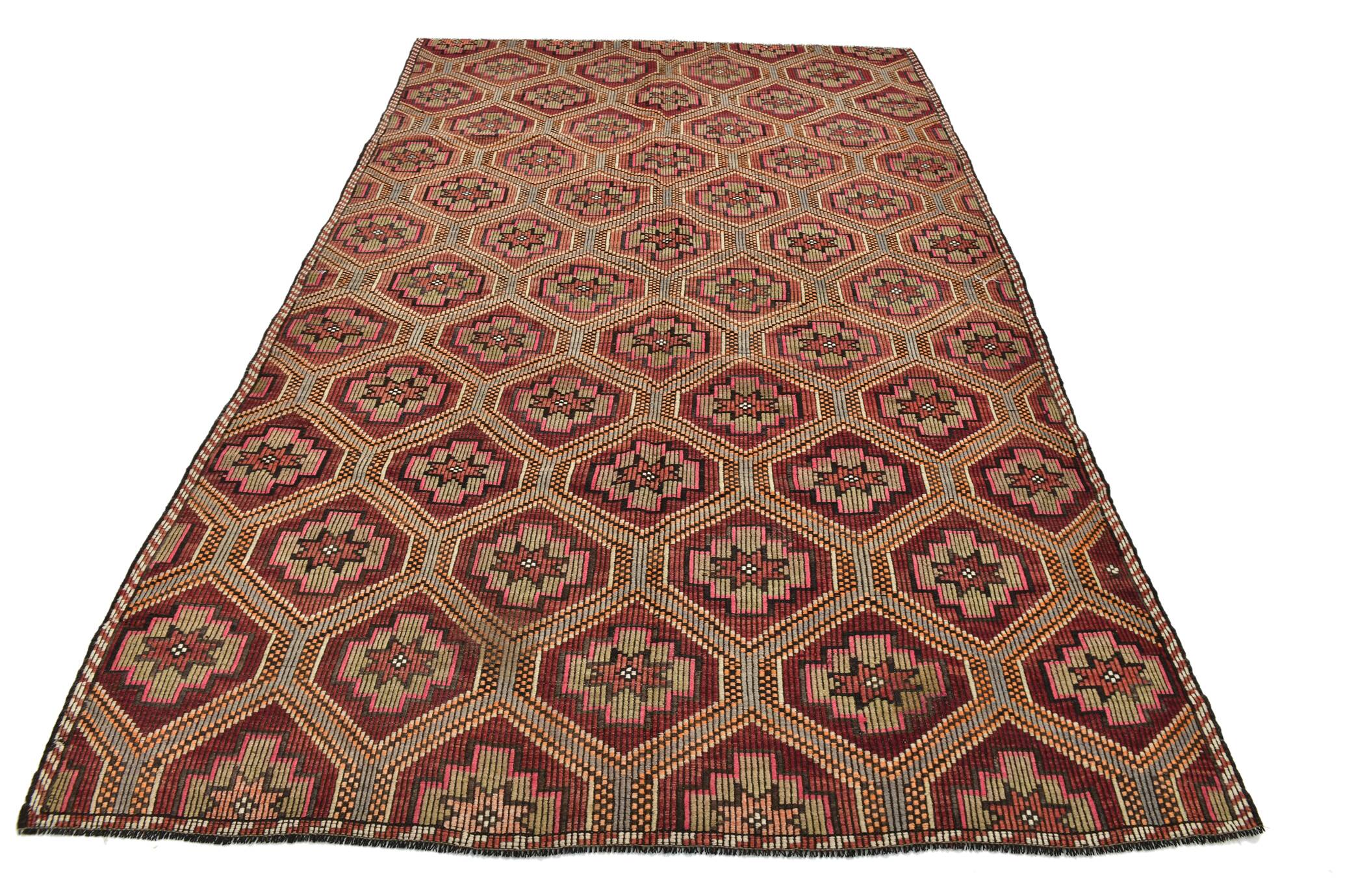 Burgundy & Red Stars Pattern Kilim Rug, 188x309Cm