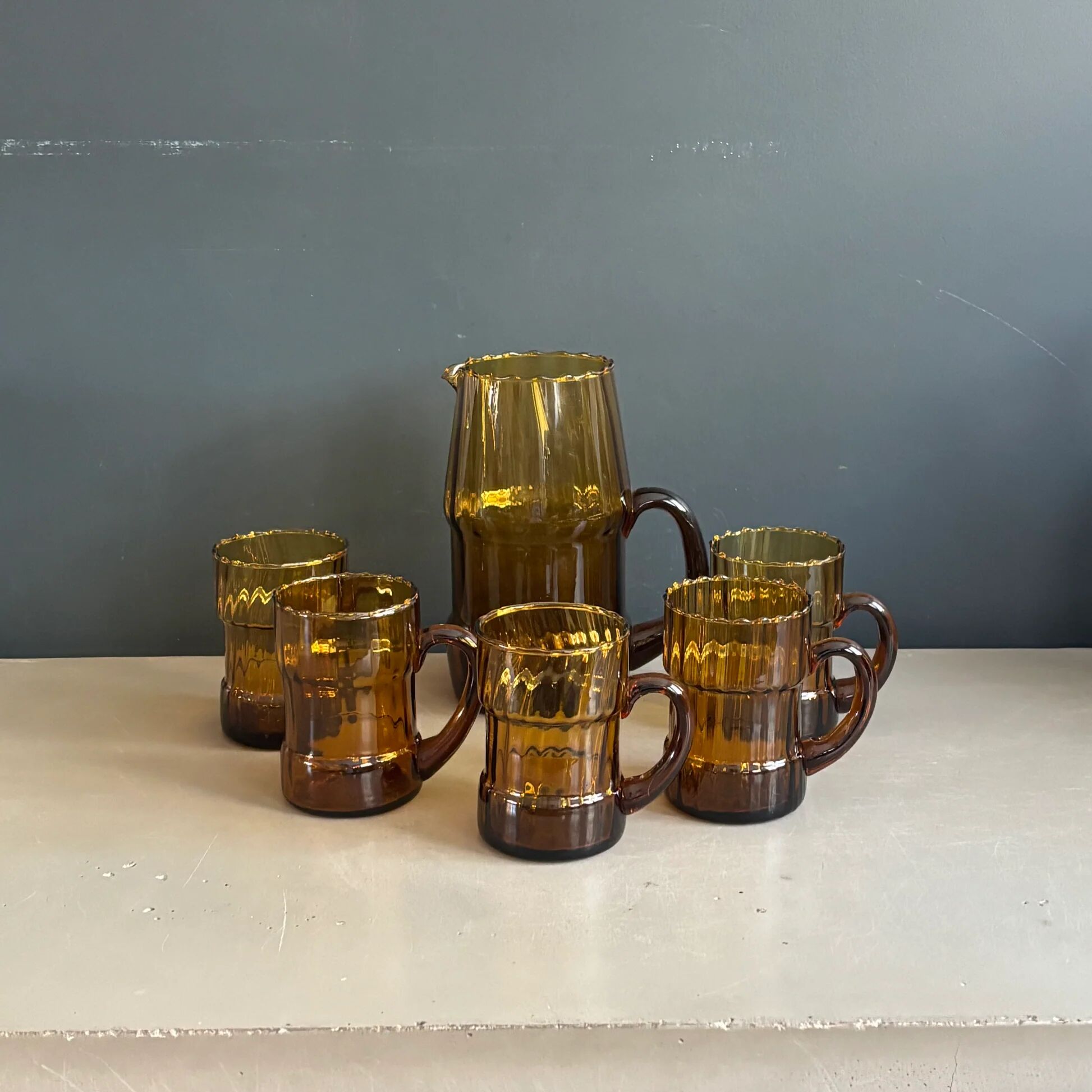 Amber textured glass water service, 1 jug + 5 glasses - Ref 1399