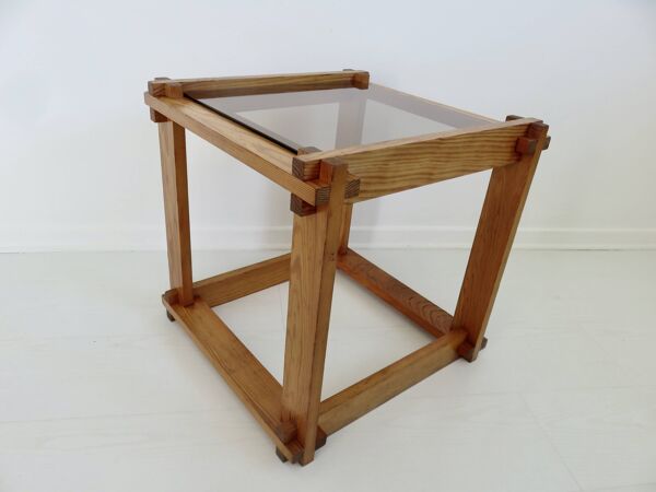 Table de chevet ou table d'appoint scandinave en pin et verre fumé, 1980