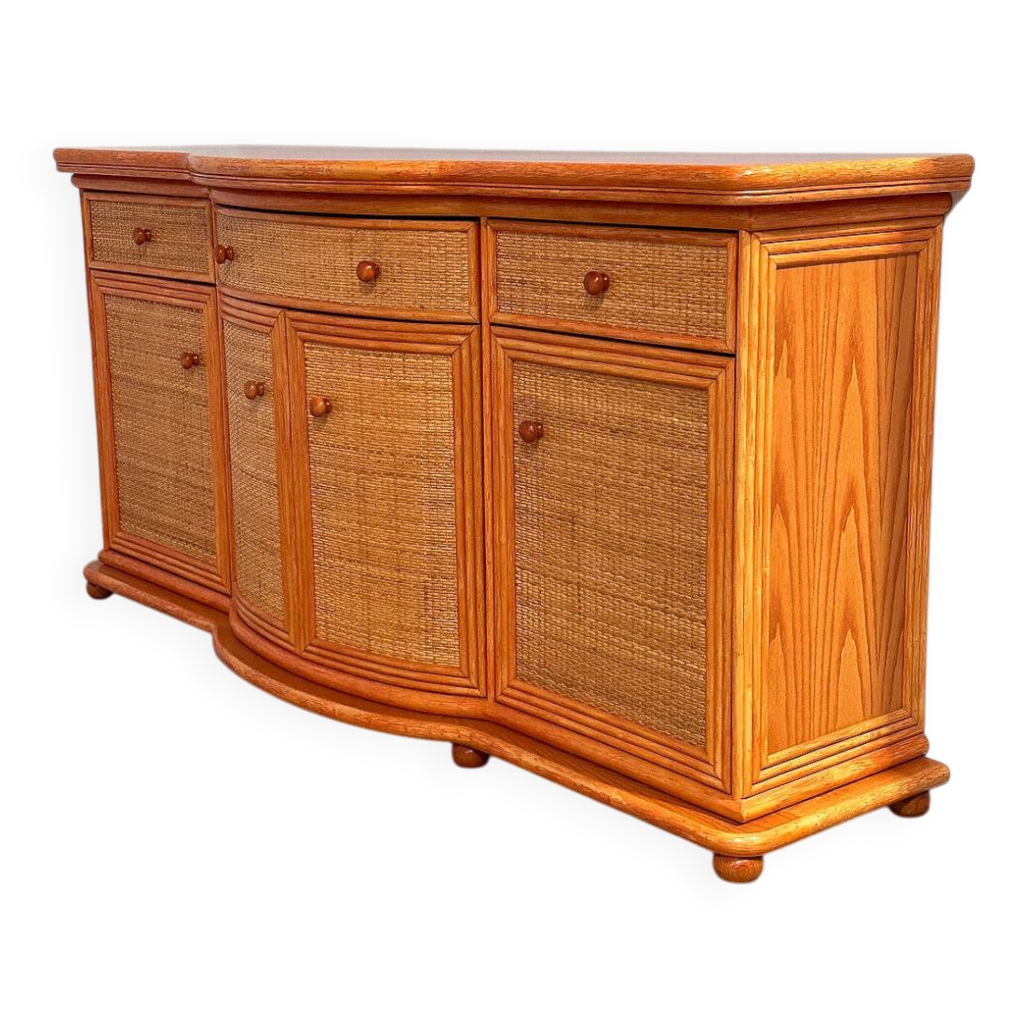 Vintage rattan & wood orange curved sideboard, 1980s