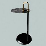 Old designer side table in tempered glass and black and gold metal