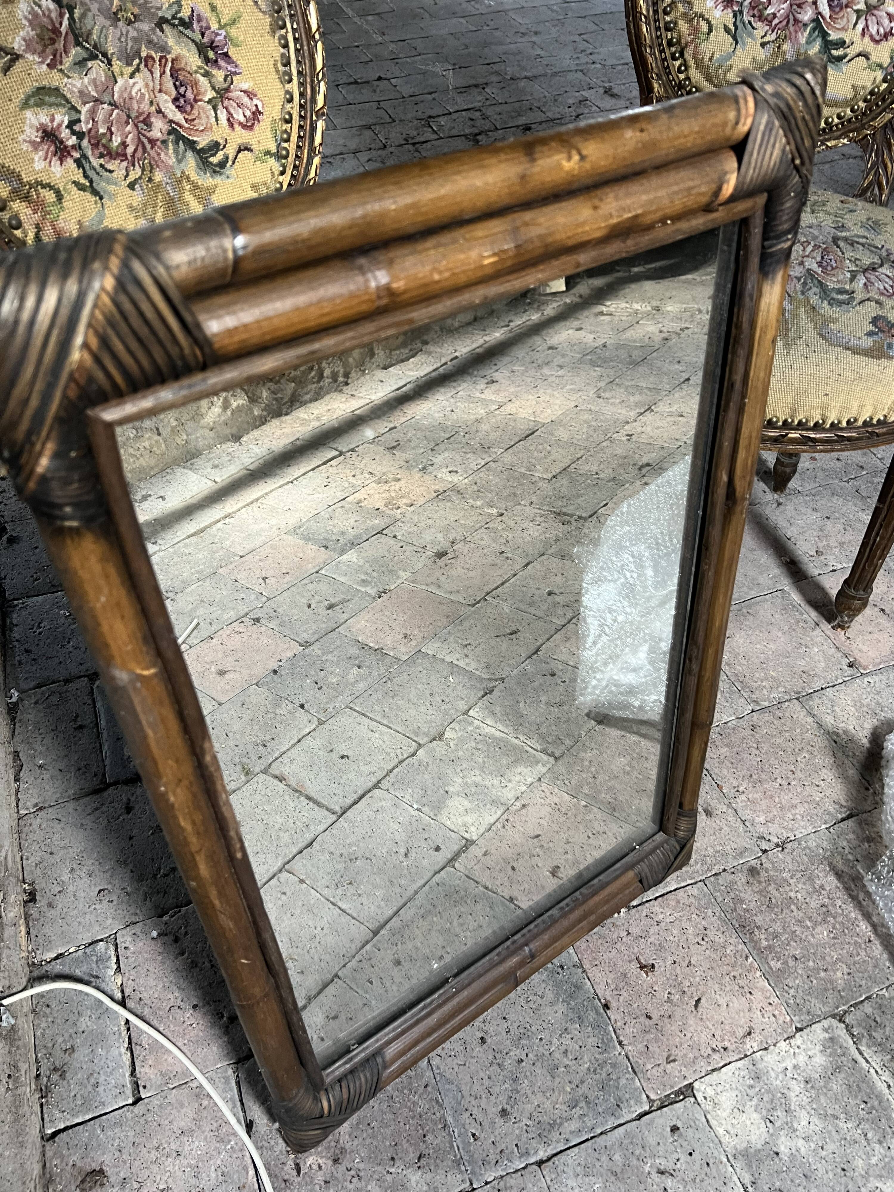 Antique woven bamboo mirror – colonial style – early 20th century