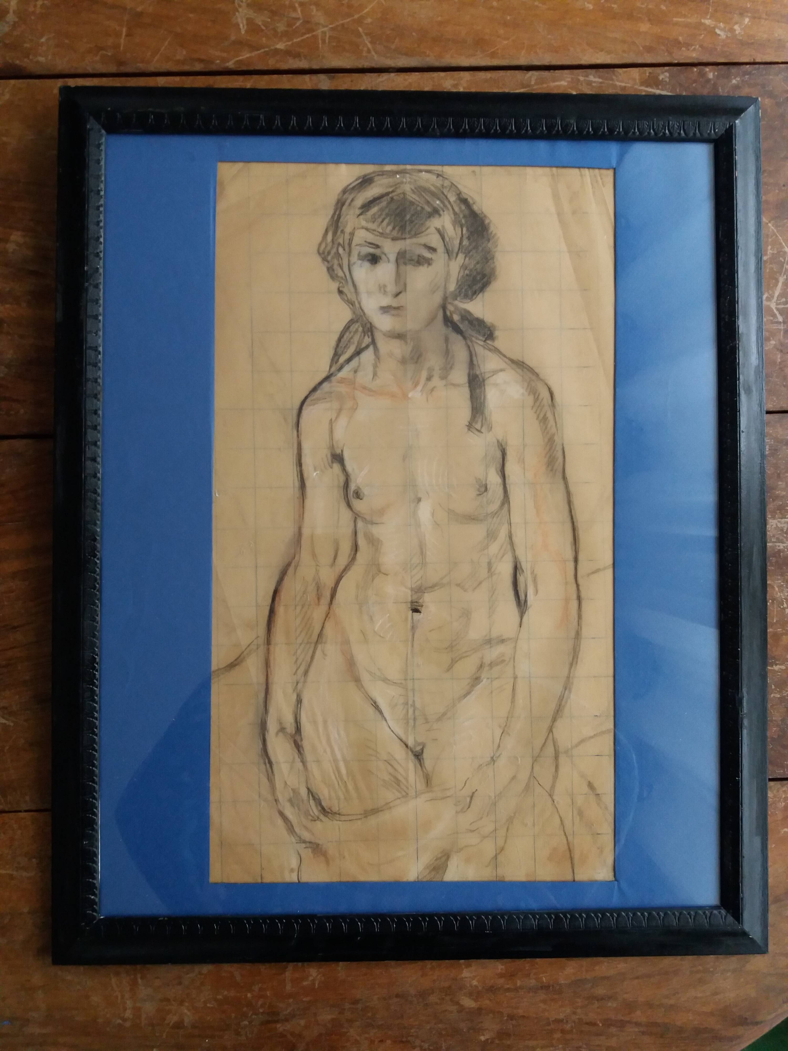 Study of a female nude in charcoal and sanguine, first half of the 20th century