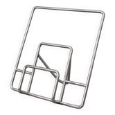 Vintage chrome tubular display stand for vinyl records or magazines.