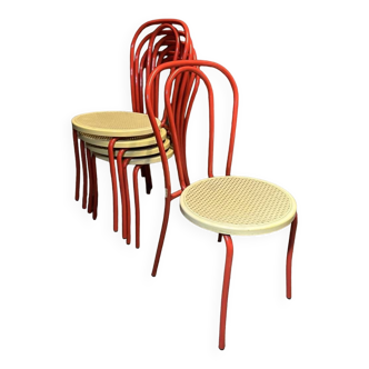 Set of five Rodet bistro chairs, red and beige