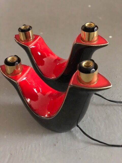 Pair of double fire lamps in red and black ceramic 50s