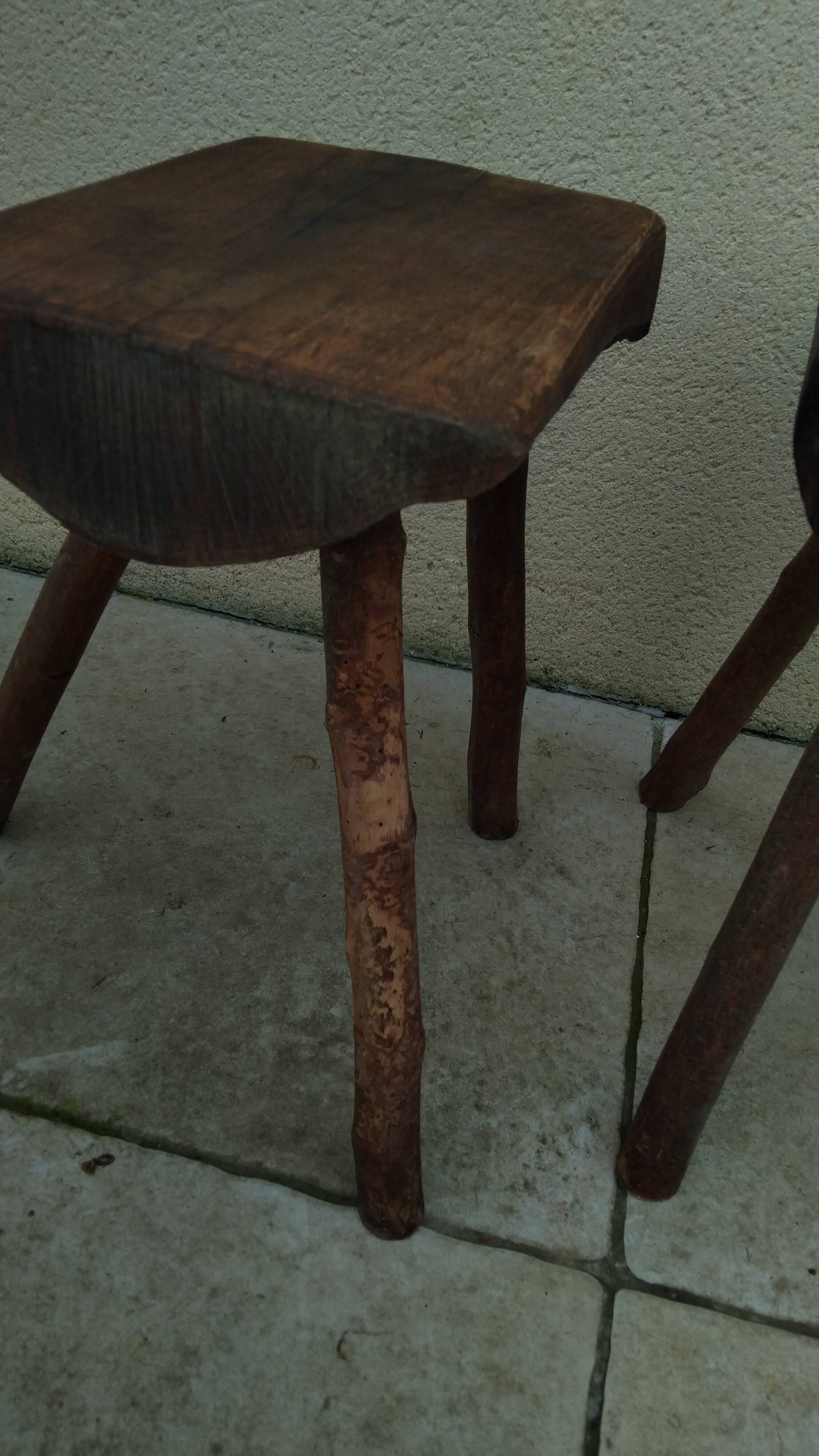 Pair of tripod stools, vintage brutalist style, solid wood