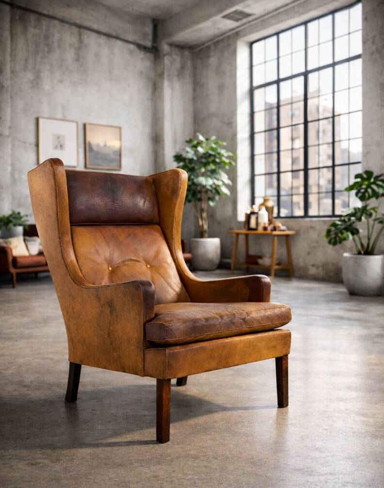 Fauteuil danois vintage en cuir de buffle, style Børge Mogensen, années 1960.