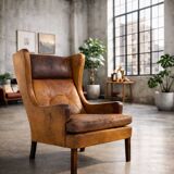 Fauteuil danois vintage en cuir de buffle, style Børge Mogensen, années 1960.