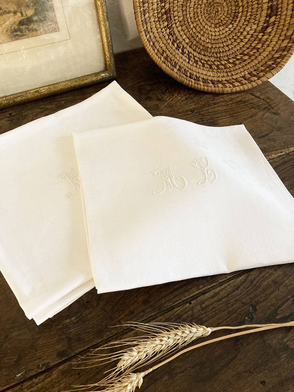 8 antique damask and monogrammed cotton/linen blend table napkins