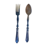 Paire de couverts à salade en argent gaufré et corne