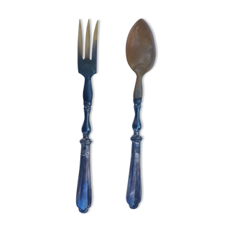 Pair of embossed silver and horn salad cutlery