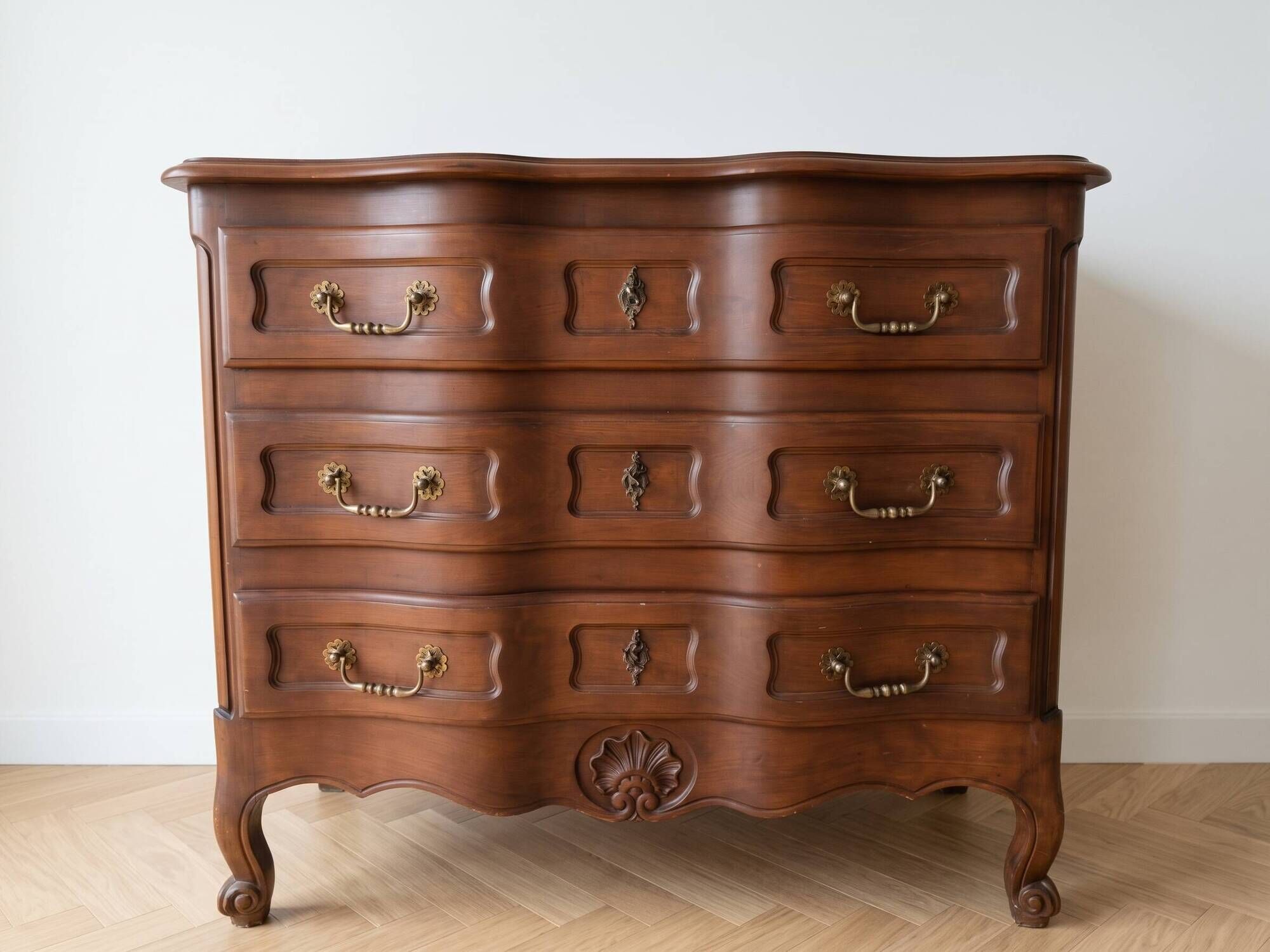 Louis XV style dresser and 2 bedside tables in solid cherry wood.