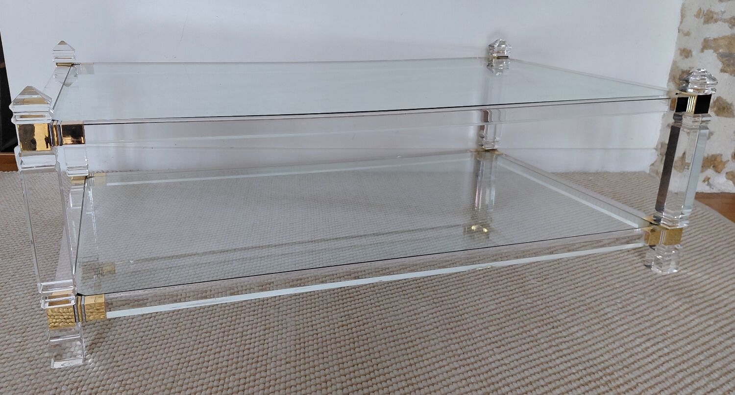 Table XL Laiton massif et Plexiglas-Style Jansen 1970