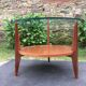 Vintage coffee table round compass legs top in glass and teak wood