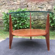 Vintage coffee table round compass legs top in glass and teak wood