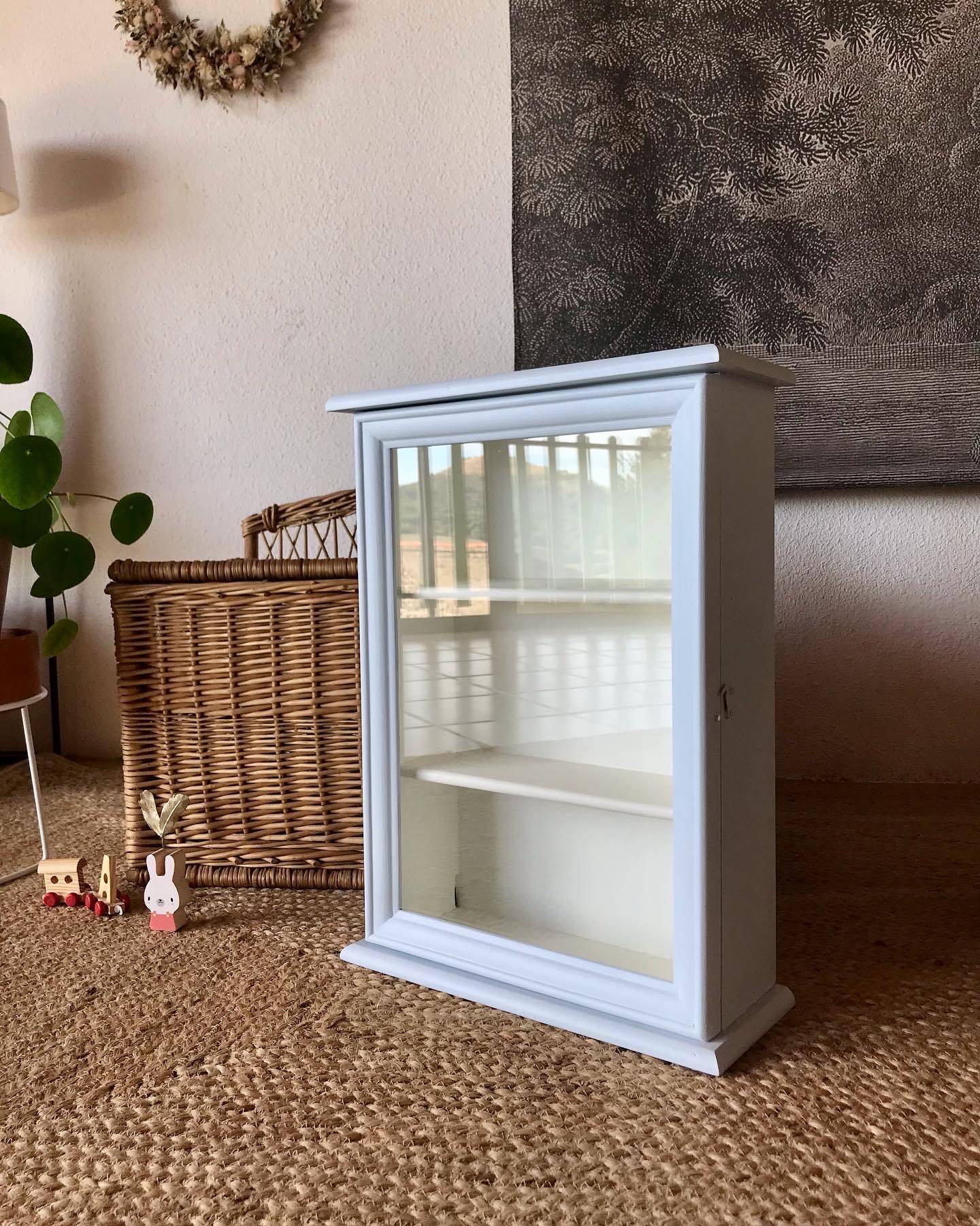 Small vintage wall display case revisited in sky blue