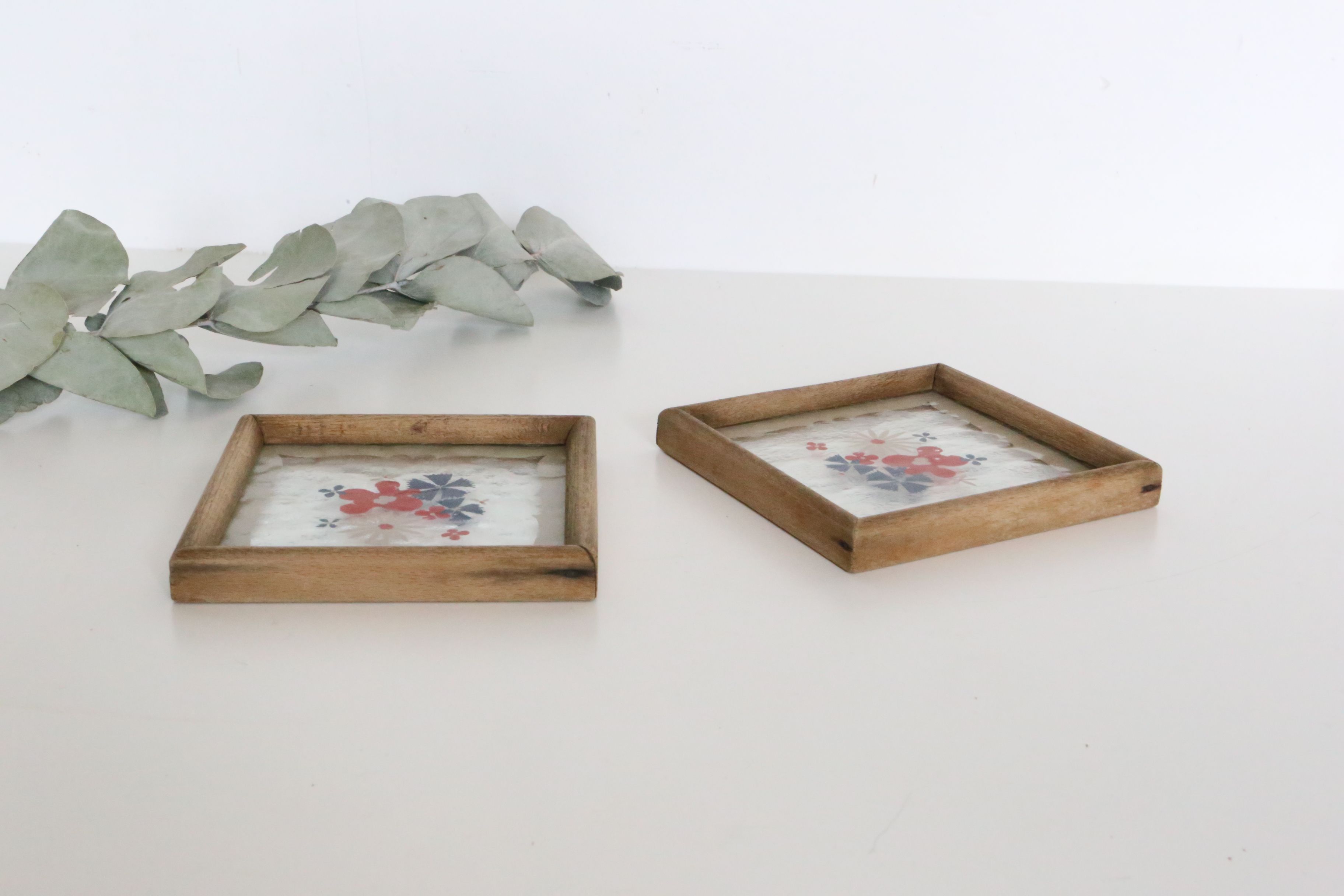 Duo of wooden and glass bottle bottoms, hand-painted, country style, vintage
