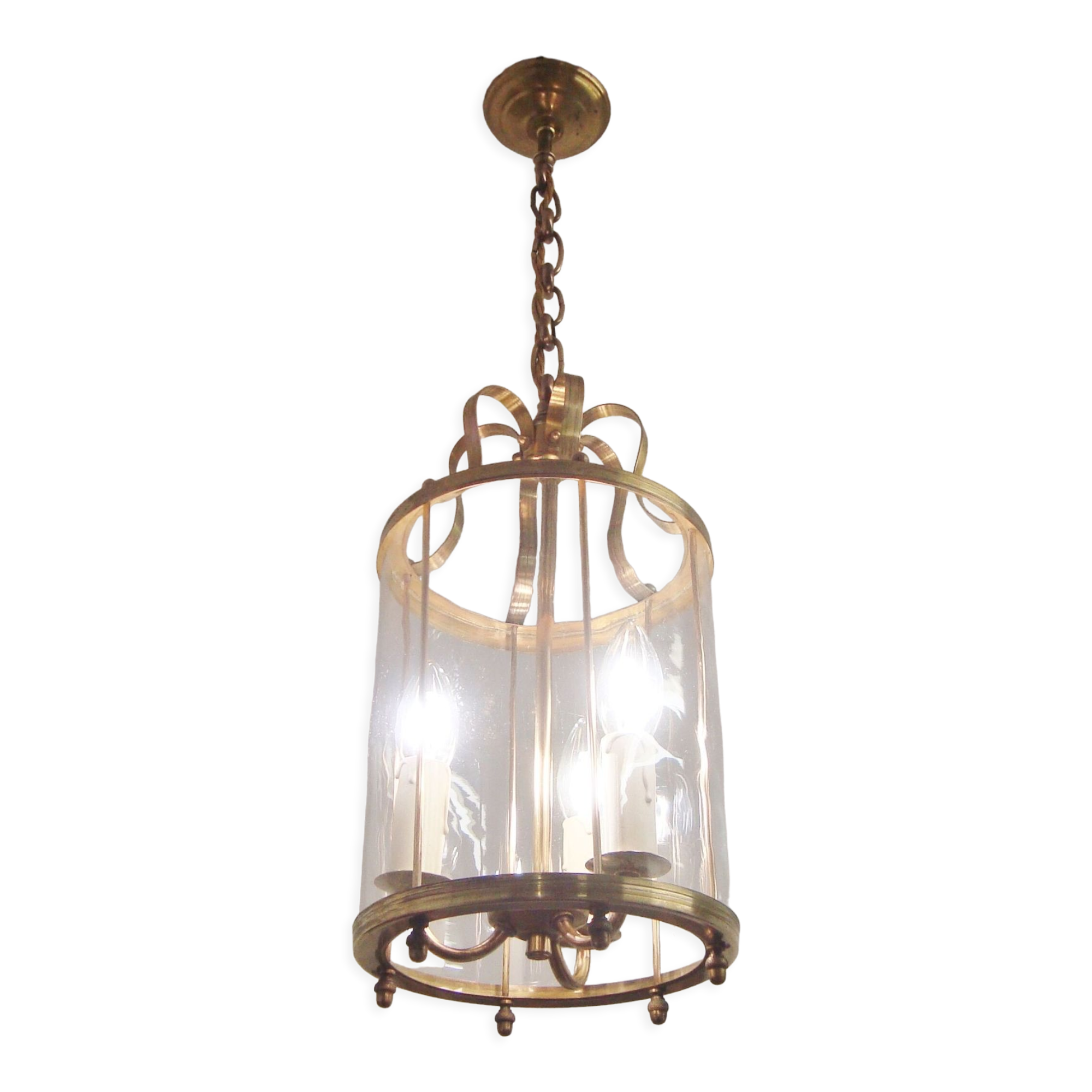 Vintage round brass chandelier Vestibule pendant lamp from the fifties