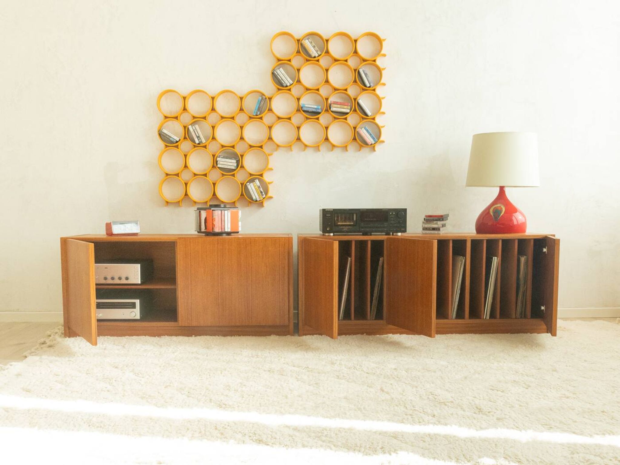 Two-piece hi-fi sideboard from the 1960s, teak veneer
