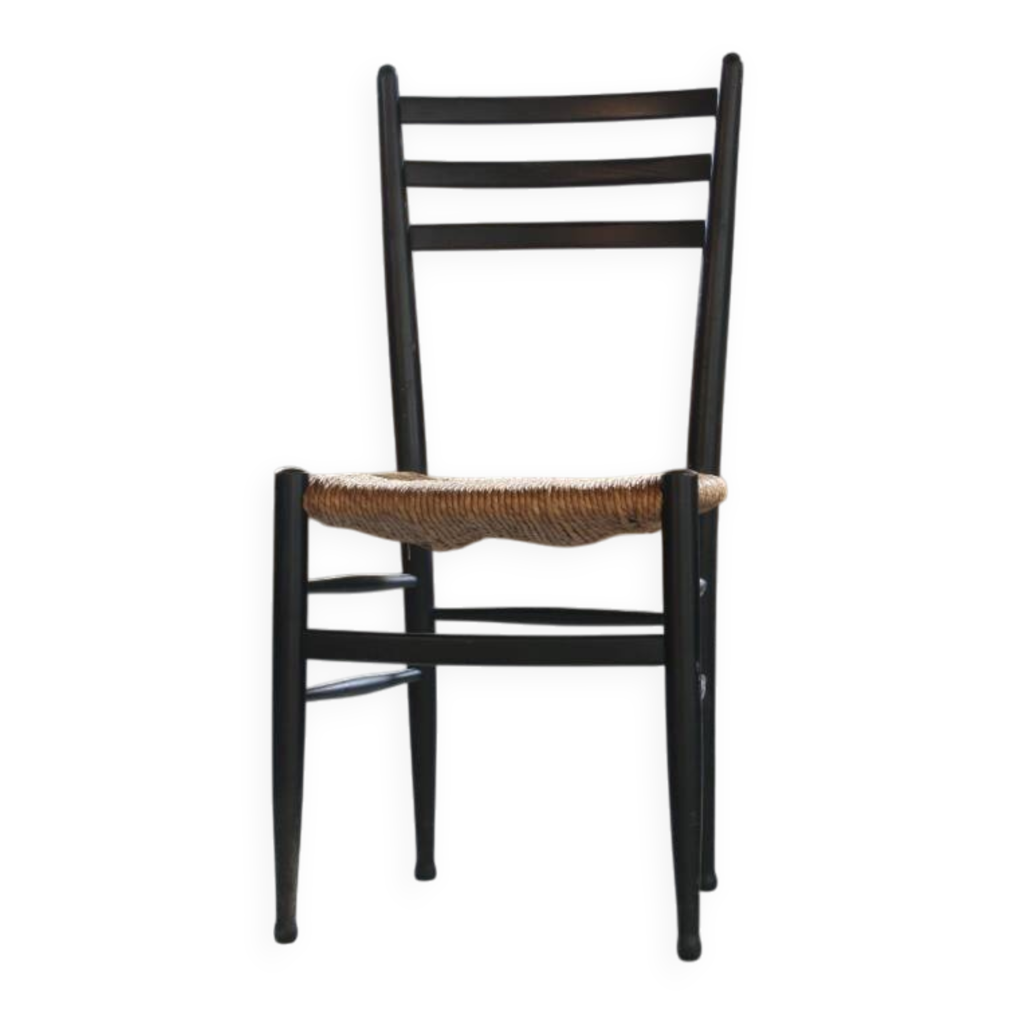 Vintage set of 8 Italian papercord black dining chairs, woven seat, 1950s