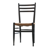 Vintage set of 8 Italian papercord black dining chairs, woven seat, 1950s