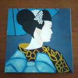 Oil on canvas signed J.Lecigne geisha portrait