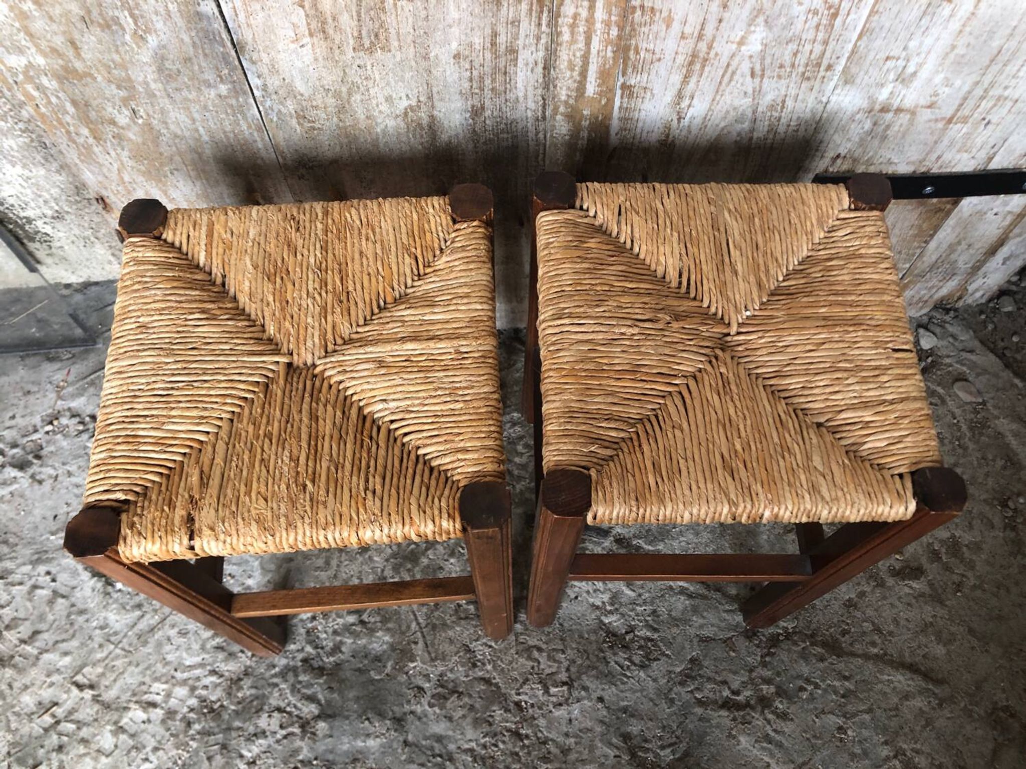 Pair of Old Carved Wood Stool + Vintage Straw Seat #A630