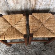 Pair of Old Carved Wood Stool + Vintage Straw Seat #A630
